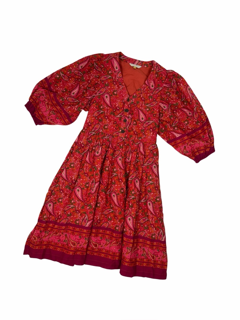 Downeast Womens Boho Midi Dress Red M Paisley Cotton Cottagecore Peasant Prairie
